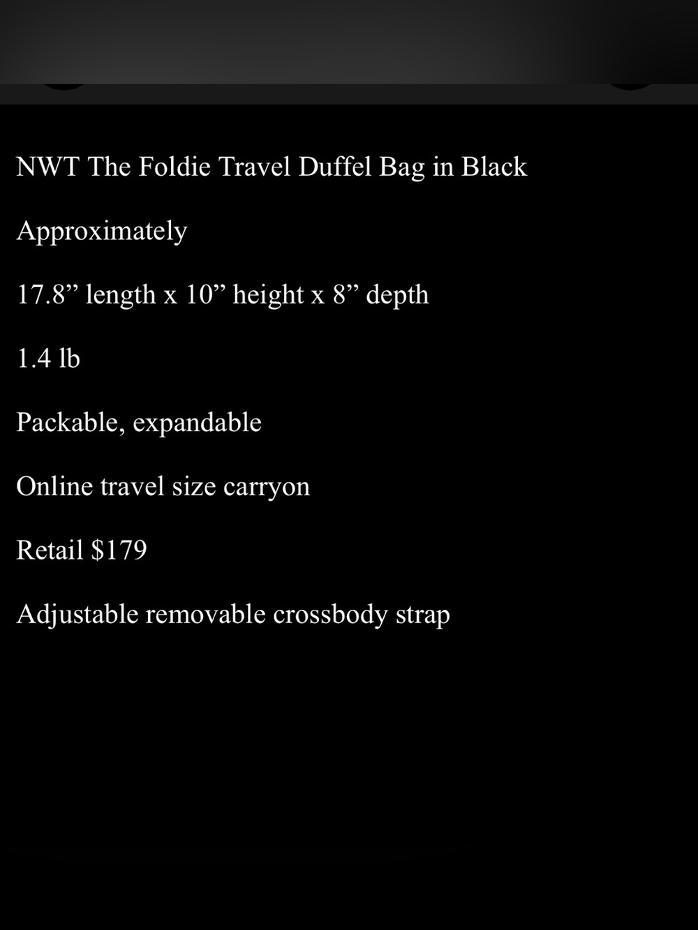 NWT The Foldie Black Packable Tote Duffel Bag - Picture 10 of 10